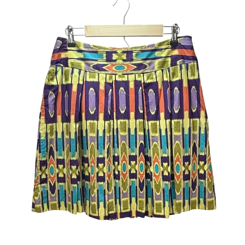 Work To Weekend Skirt 12 Multicolor Ikat Geometric Pleated Cotton Mini Boho Chic